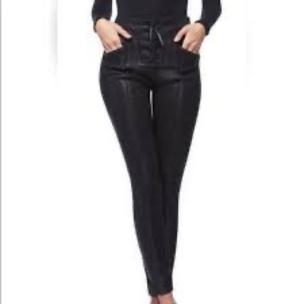 Good American Black High-Waist Lace-Up Faux Leather Skinny Pants